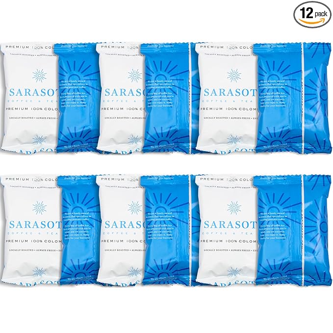Sarasota Coffee Ground Packets | Gourmet Colombian Medium Roast Ground Coffee Packs | Columbian | Low Acid Mold Free Individual Single Pot Pouches for 12 Cup Coffee Maker | 2 Ounce Bags, 12 Count