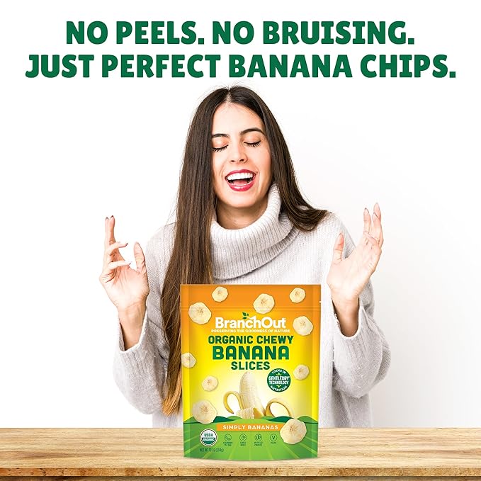 BranchOut Chewy Banana Slices, No Sugar Added, GentleDry Locks in Nutrition, Better than Freeze Dried Banana Chips, Healthy Vegan Fruit Snacks for Kids & Adults, 10 oz Party Bag