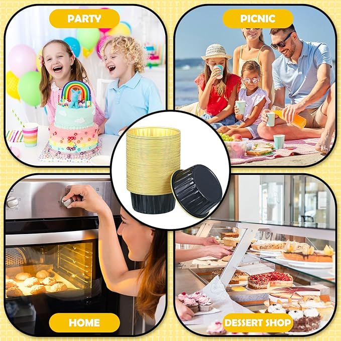 Hushee 600 Pcs Aluminum Foil Baking Cups with Lids and Spoons 5oz Disposable Ramekins Dessert Muffin Creme Brulee Cupcake Liners Containers for Wedding Birthday Christmas Party(Round,Black Gold)