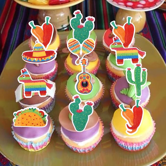 56 PCS Edible Mexican Fiesta Cupcake Toppers Cactus Donkey Maraca Sombrero Guitar Cupcake Picks Edible Mexican Fiesta Cake Decorations for Mexican Fiesta Theme Baby Shower Birthday Party Supplies