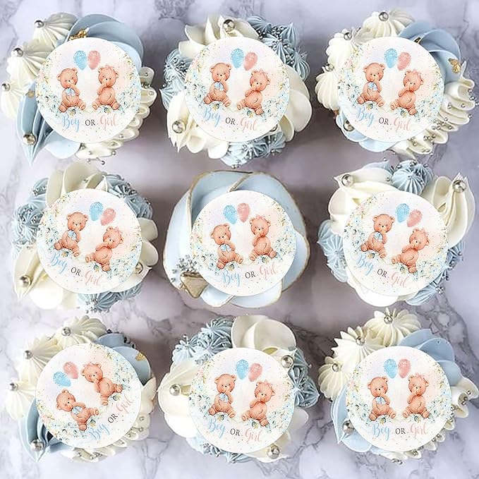 40Pcs Edible Gender Reveal Bear Cupcake Toppers Wafer Paper Boy or Girl Baby Shower Cake Decorative Supplies Jungle Animal Theme Birthday Party Cake Decorative Supplies