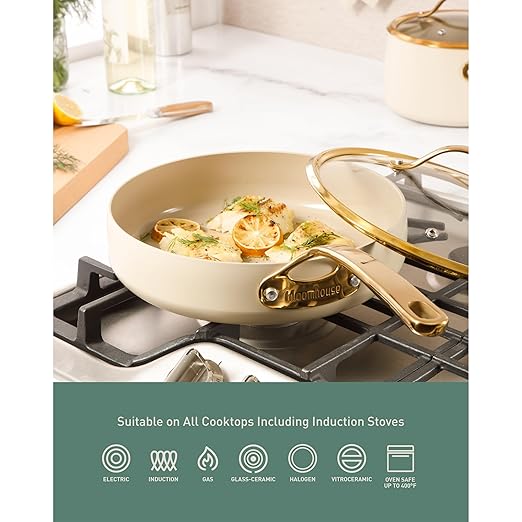 bloomhouse 8 Piece Pots and Pans Heavy Duty Aluminum Premium PFA Free Ceramic Nonstick Cookware Set - Almond Cream w/Gold Handle