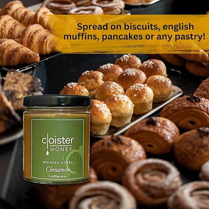 Cloister Honey Whipped Honey - Cinnamon (9 oz) | Hand Crafted | Raw Artisan Honey | 100% Pure, Raw & Unfiltered | All Natural | Made in USA |