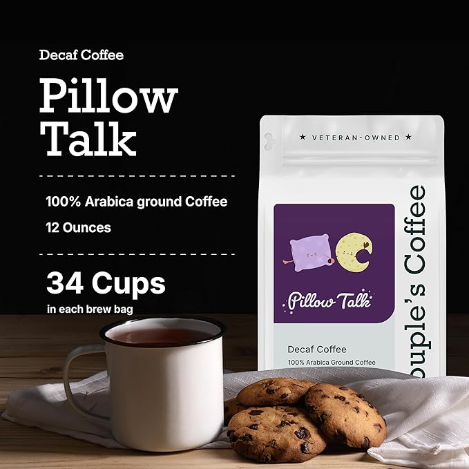Couple?™s Coffee Ground Coffee | Gives Back to Military Families | Pillow Talk | Medium Roast Decaf Coffee | Made with 100% Arabica Beans | 12oz bag brews about 34 cups