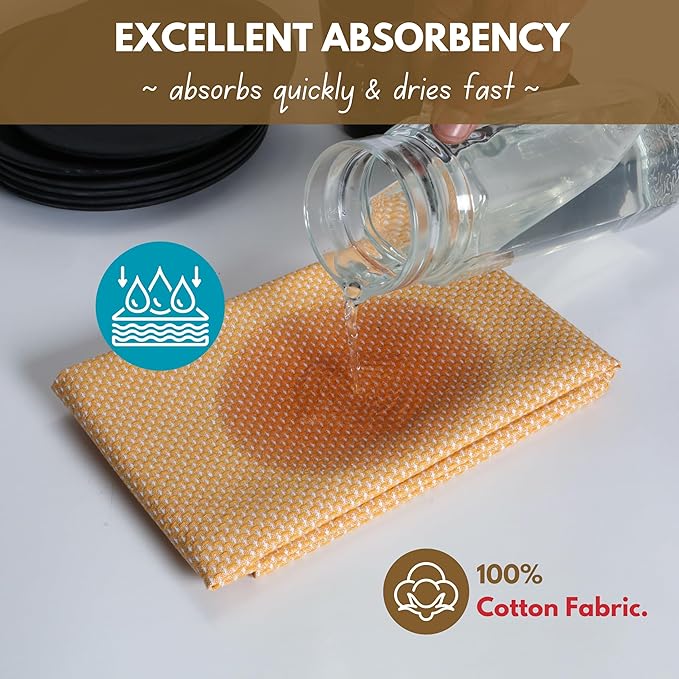 Native Fab 4 Pack Dotted Pattern Kitchen Dish Towels Cotton Super Absorbent Quick Drying Reusable 18x26 Inches - Bar Hand Towels, Kitchen Cleaning Towels with Hanging Loop, Mustard Yellow