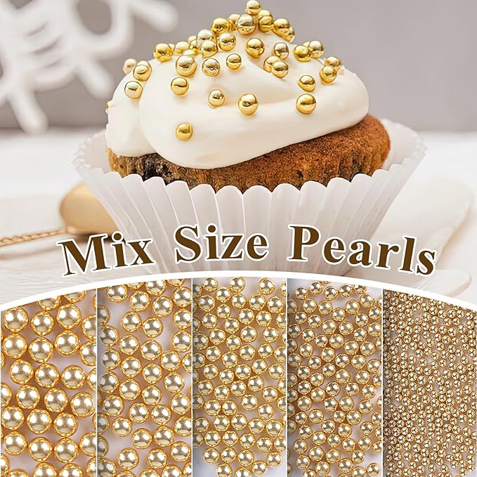 Twisweet Gold Pearl Sprinkles for Cake Decorating, Edible Sugar Pearls for Baking, Mix Size, Cake Topper Cupcake Cookie Ice Cream Dessert Decorations, Valentines Birthday Christmas Supplies (130g/4.58oz)