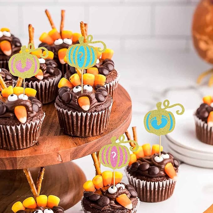 24Pcs Pumpkin Boy or Girl Cupcake Toppers Gender Reveal Cake Topper Pumpkin Cupcake Picks Baby Little Feet Cake Decorations for Fall Theme Baby Shower Kids Birthday Party Supplies