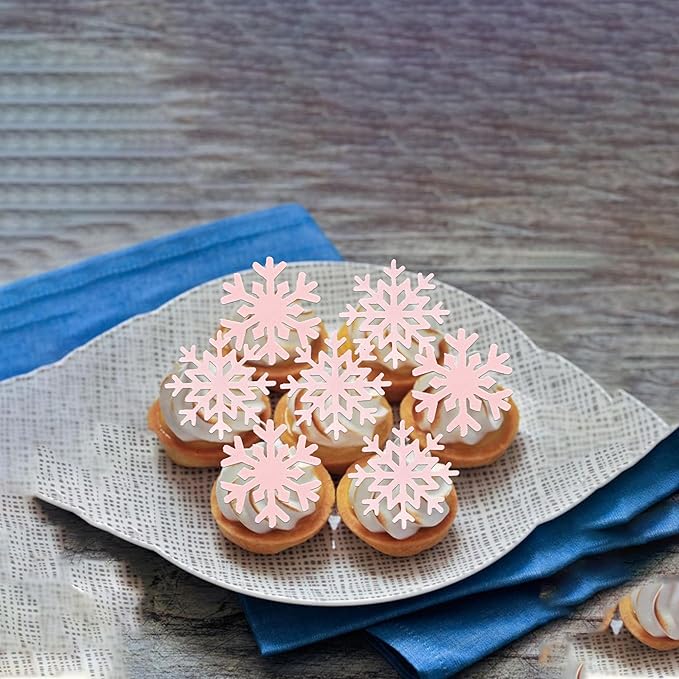 60 PCS Edible Snowflake Cupcake Toppers Wafer Paper Snowflake Cake Decorations Edible Snowflake Cupcake Picks Topper for Christmas Winter Frozen Theme Baby Shower Birthday Party Decor Supplies Pink