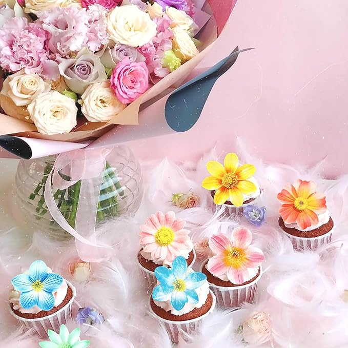40Pcs Edible Flowers Cupcake Toppers Wafer Paper Flower Themed Party Picks Flowers Drink Topper Girl Birthday Theme Cake Decorations for Baby Shower Party Party Supplies