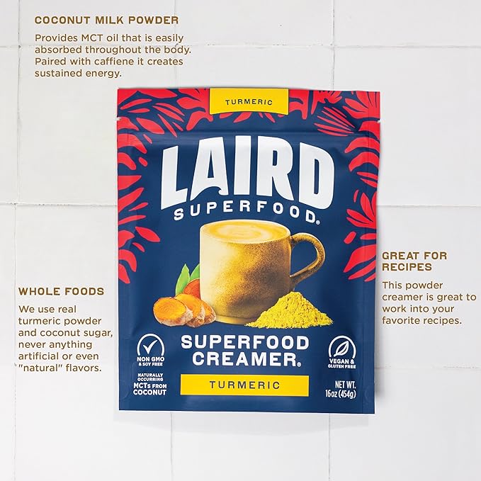 Laird Superfood Non-Dairy Original Superfood Turmeric Coconut Powder Coffee Creamer, Gluten Free, Non-GMO, Vegan, 16 oz. Bag, Pack of 1