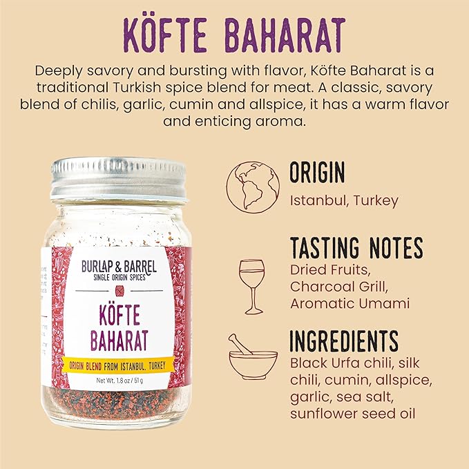 Burlap & Barrel Köfte Baharat - Savory and Bright Grilling Blend - Kebab Spice, Turkish Kebab - As Seen on Shark Tank - 1.8 oz Glass Jar