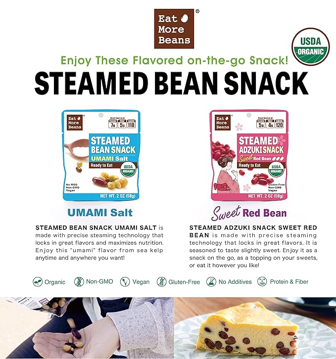 ?륟at More Beans??STEAMED BEAN SNACK -UMAMI Salt USDA Certified Healthy Vegan Snacks Ready to Eat Fully Cooked- Box of 10 packs(2oz, 10packs)