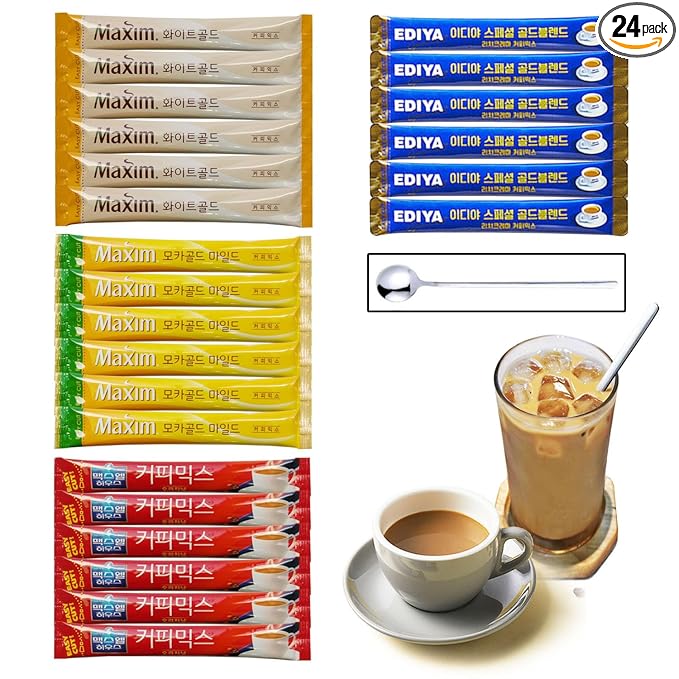 Korean 3 in 1 Instant Coffee Mix Variety Sample Packets-24 Sticks of 4 Different Flavors & Coffee Spoon.Camping or Traveling Essentials.