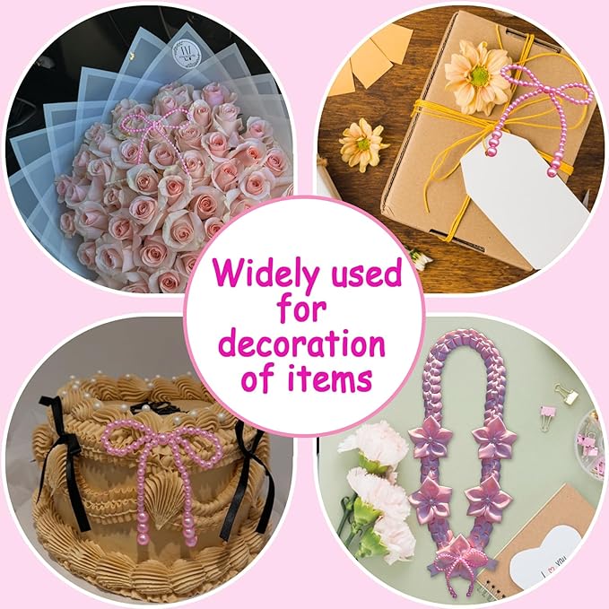 6 Pcs Pearl Bow Cake Decoration, Imitation 4.3" ??3.9"Pearl Bow Cupcake Toppers Coquette Party Bouquets Decor for Wedding Bridal Shower Birthday Decoration Supplies (Pink)
