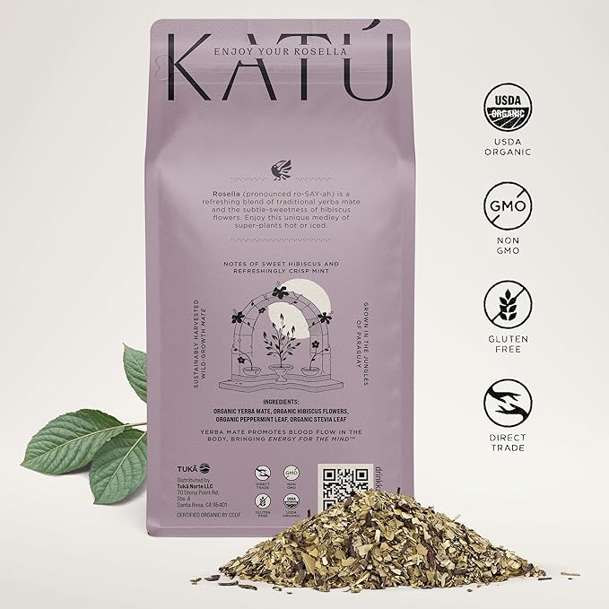 Kat첬 Rosella Premium Organic Loose-Leaf Yerba Mate Tea with Hibiscus, Peppermint, and Stevia Leaves, Vibrant Floral Twist, Natural Energy, 17.6 oz (500g)