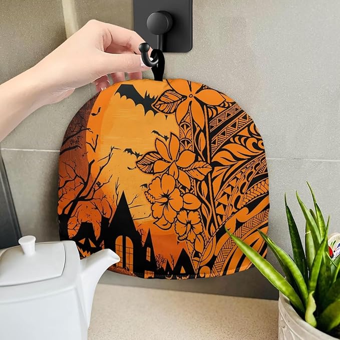Halloween Tea Cozy for Teapot Samoa Polynesian Style Tea Cosy Fabric Quilted Padding & Heat-Proof Teapot Cover Customized Soft Tea Cozy for Household Kitchen