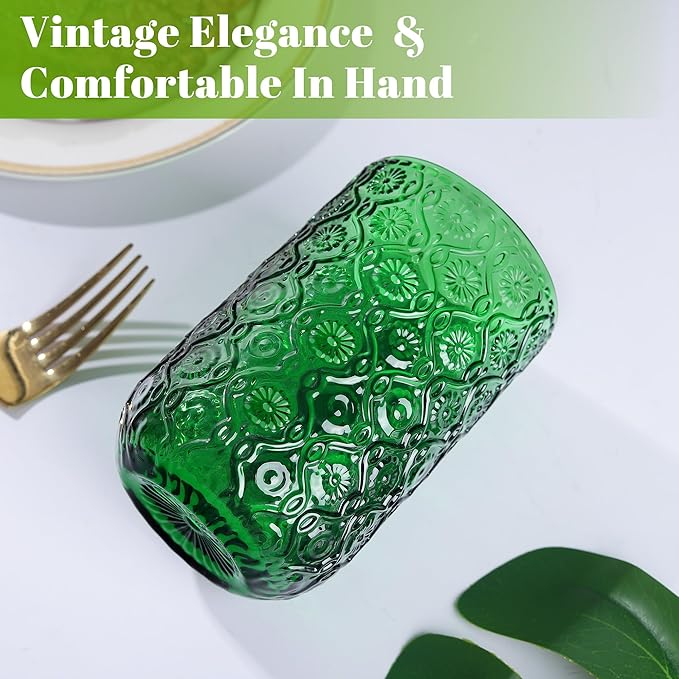Joeyan Vintage Drinking Glasses,Green Embossed Floral Highball Glass Water Tumbler,14 oz Colored Beverages Juice Cocktail Beer Wine Glassware Cups,Set of 4,Dishwasher Safe