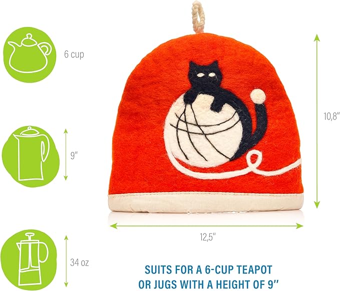 Tea Cozy for Teapot Large - Keep Your Brew Warm and Stylish with This Felted Tea Cosy, Enhancing Flavor and Aesthetics - Fits 6-Cup Teapot & 34oz French Press (Black cat, red)