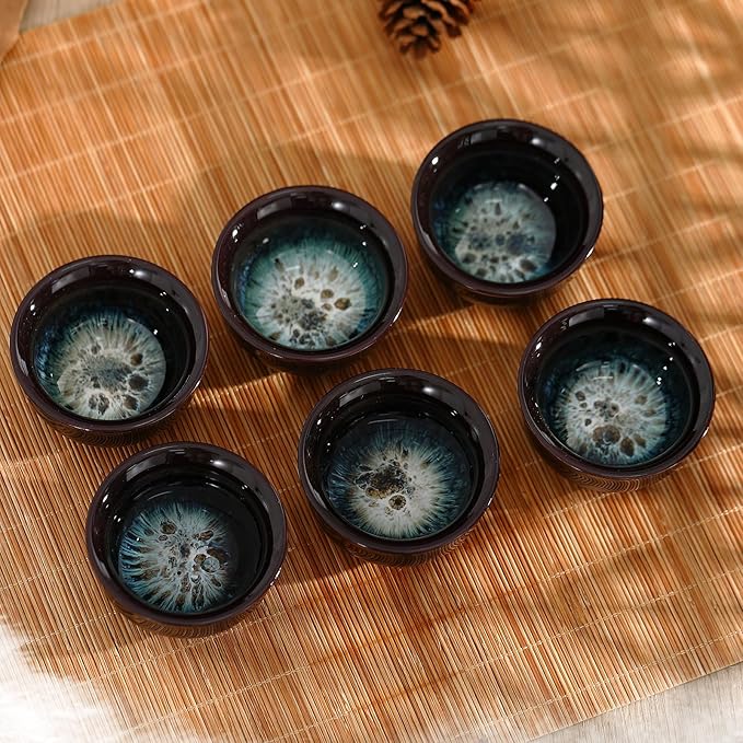 Skyley 6 Pieces Korean Soju Shot Glasses Sets Porcelain Cups Korean Ceramic Cups Tea Accessories Drinkware, Handcrafted Ceramic(Dark Brown,Sand Gold Pattern)