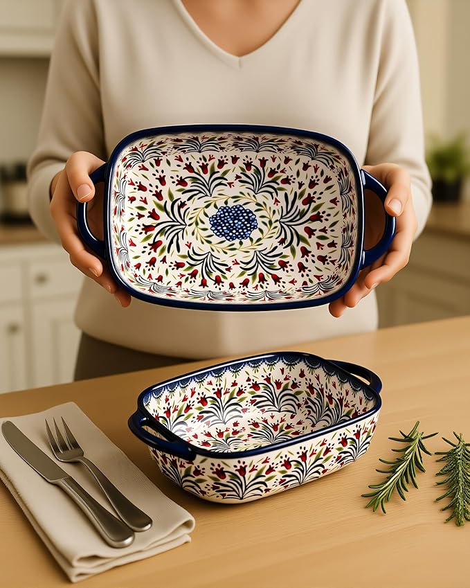Ceramic Baking Dish Set of 2 ??Decorative Polish Pottery Style Casserole Dishes with Handles, Cute Oven-Safe Lasagna Bakeware Gift Set