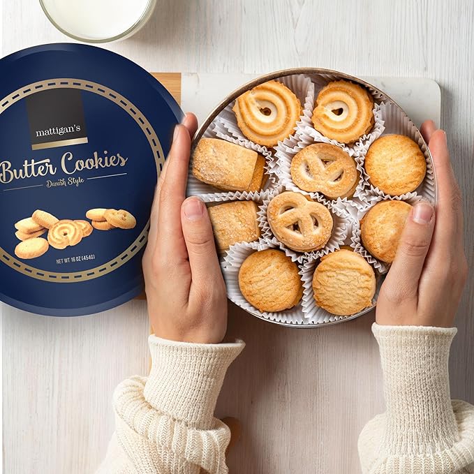 Mattigan's Butter Cookies Traditional Danish Style Cookie Assortment, 16 Oz Tin, Gourmet Gifts for Holidays, Birthday, Special Occasions, Snack Gift, Assorted Cookie Dessert Sweets, Reusable Metal Tin