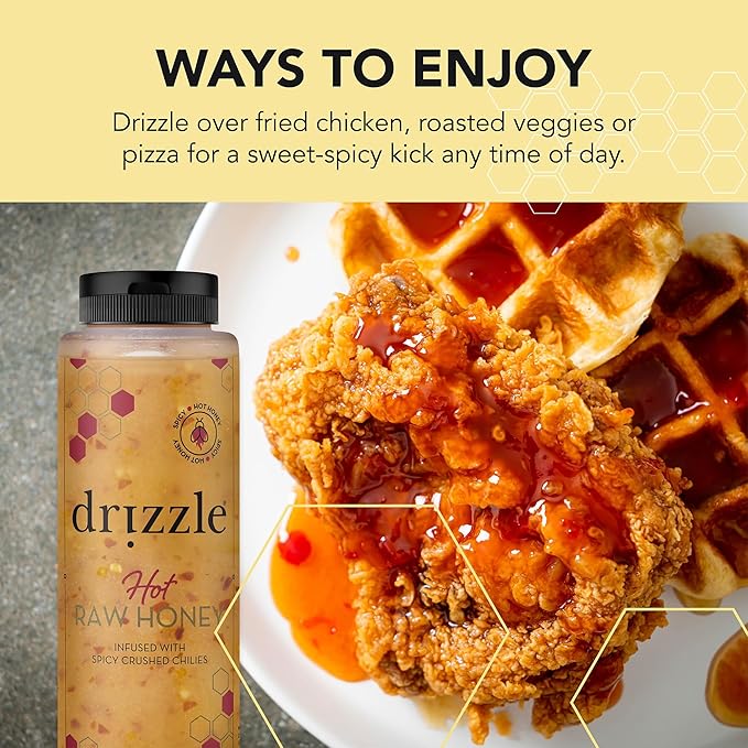 Drizzle Hot Honey - All Natural Raw Spicy Honey Sauce, Infused with Organic Chilies, Unfiltered & Unheated, Versatile Use for Cooking, Certified Kosher, Gluten Free - 11.6 oz (330 g)