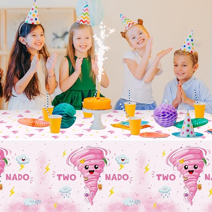 Two Nado Party Tablecloths - 3Pcs Pink Tornado Birthday Party Table Covers Decorations, Cute Two Nado Themed Rectangular Plastic Disposable Table Cloth Decor for Baby Girls 2nd Birthday Baby Shower