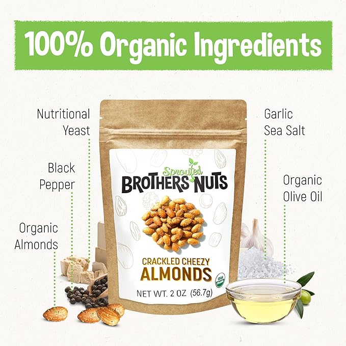 Brothers Nuts Crackled Cheezy Almonds – Organic, Sprouted Almonds – Healthy Keto Snack – Vegan, Gluten-Free, Kosher – No Preservatives - 2 oz