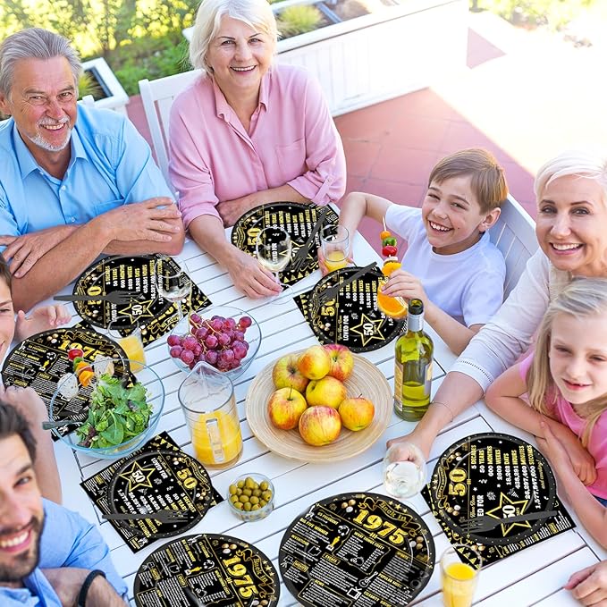 96Pcs 50th Birthday Plates and Napkins Back in 1975 Party Decorations Black Gold 50 Year Old Party Dessert Plates 1975 Tableware for 24 Guests 50th Theme Men Woman Birthday Supplies