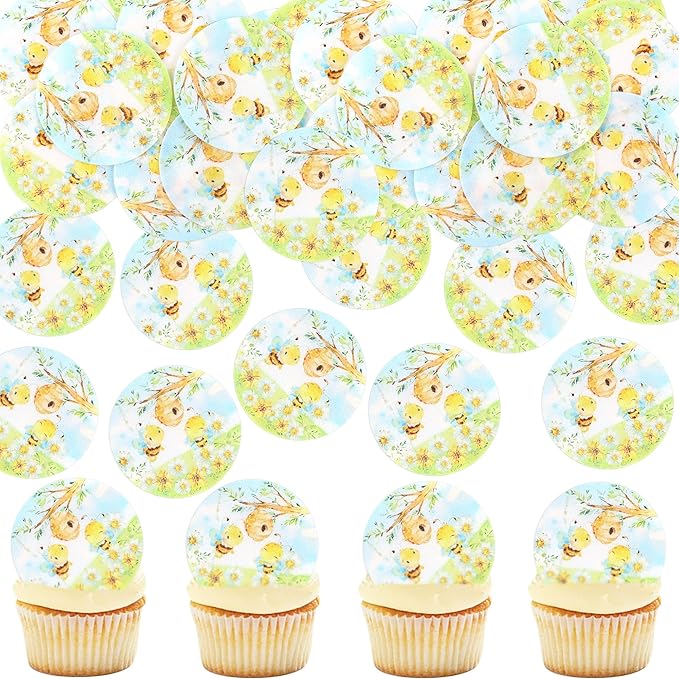 40 PCS Edible Bee Cupcake Toppers Wafer Paper Bee Party Decorations for Kids Girls Birthday Baby Shower Honey Bee Themed Party Supplies