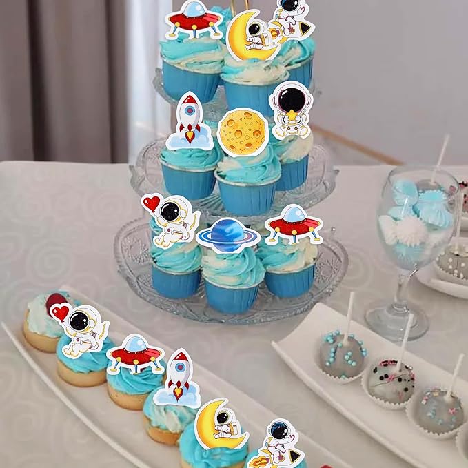 40Pcs Edible Outer Space Cupcake Toppers Space Astronaut Cupcake Picks Rocket Planet Trip to the Moon Cake Decoration for Outer Space Astronaut Theme Baby Shower Birthday Party Decorations
