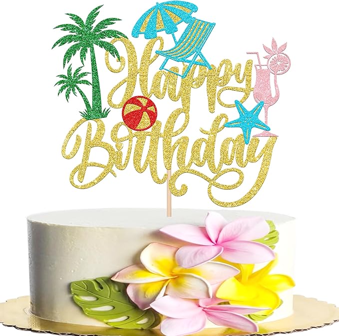 Rsstarxi 1 Pack Summer Beach Happy Birthday Cake Topper Chair Ball Umbrella Palm Tree Cupcake Picks Pool Birthday Cake Decorations for Summer Hawaiian Birthday Party Supplies Gold