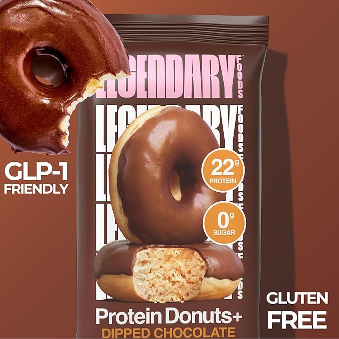 Legendary Foods 22gr Protein Donuts - Dipped Chocolate 8x (2 Donuts per Pack), High Protein, Zero Sugar, Gluten Free, Low Carb, Keto Friendly Snack, Healthy Donut for GLP-1, Diabetic, Bariatric Diets