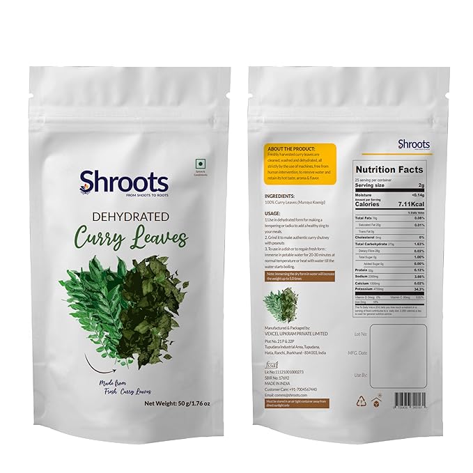 SHROOTS Dehydrated Curry Leaves Pure Vegetarian Gluten-Free No Added Salt Flavorful Kitchen Essential Machine Dried Vegetables with Natural Aroma Perfect for Everyday Cooking - 1.76 oz, Pack of 1