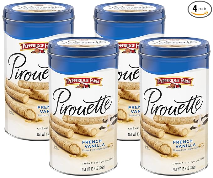 Pepperidge Farm Pirouette Cookies, French Vanilla Flavored Crème Filled Wafers, 13.5 Oz Tin (Pack of 4)