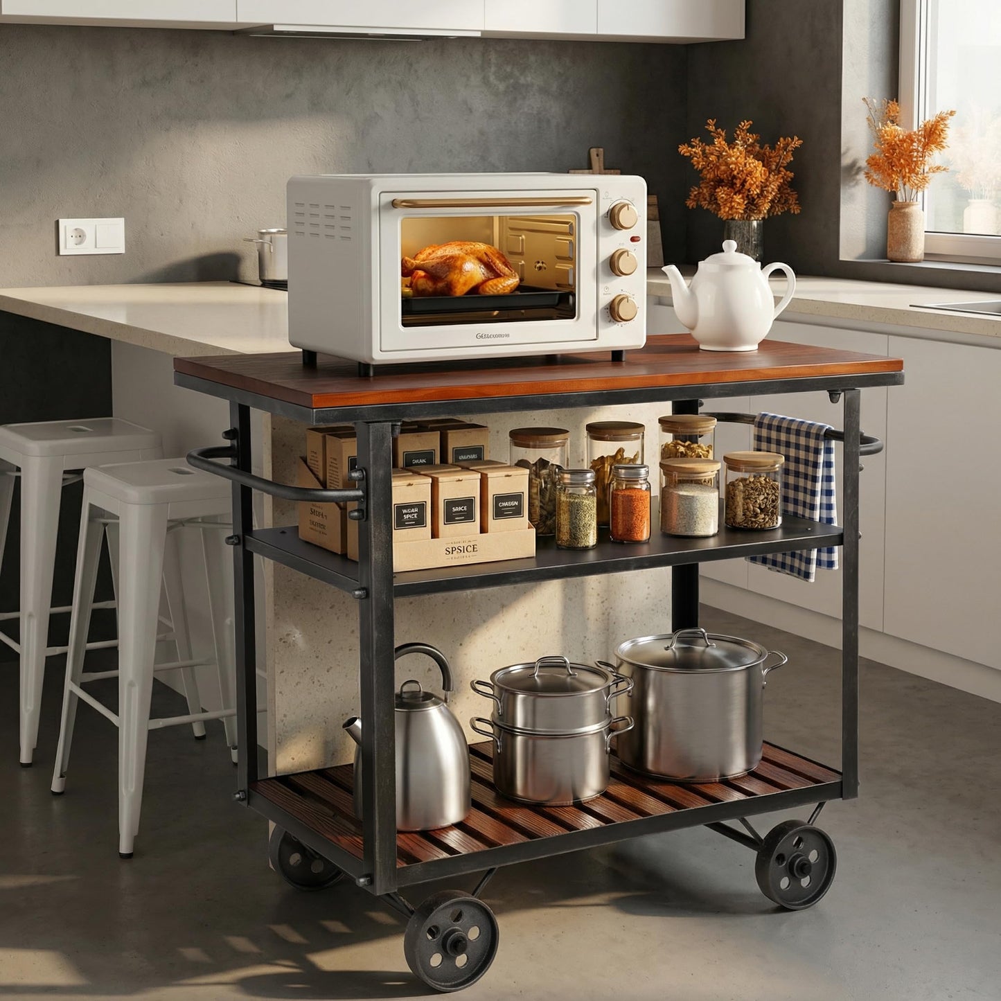 BOKKOLIK Vintage Rolling Bar Cart on Wheels Industrial Mobile Serving Cart Metal and Wood Design
