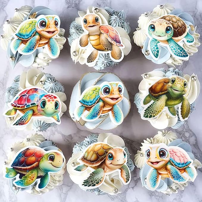 40 PCS Edible Turtles Cupcake Toppers for Baby Wafer Paper Sea Animals Baby Shower Party Picks for Drink Topper Sea Animals Theme Baby Shower Kids Birthday Party Supplies
