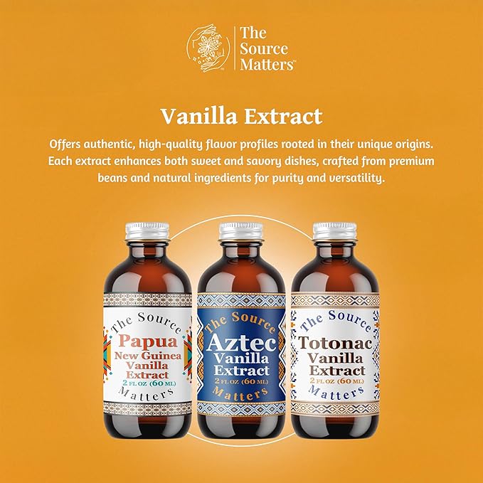 Vanilla Extract Trio Gift Box by The Source Matters | Totonac, Aztec & Papua New Guinea Vanilla | 3 Unique Flavors | Perfect Gift for Bakers, Chefs & Culinary Enthusiasts (3 x 2 oz Bottles)