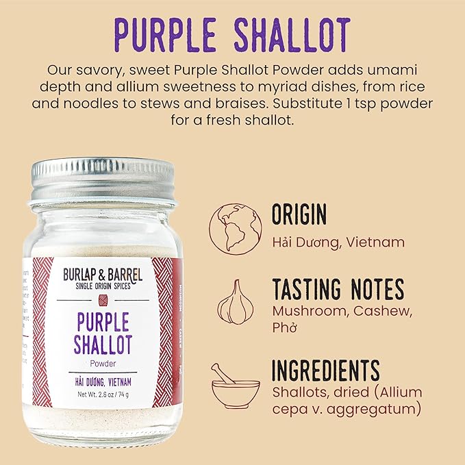 Burlap & Barrel Purple Shallot Powder – Air-Dried with Umami and Sweet Allium Flavor – Vietnamese Seasoning & Fresh Shallot Substitute – As Seen On Shark Tank - 2.6oz Glass Jar