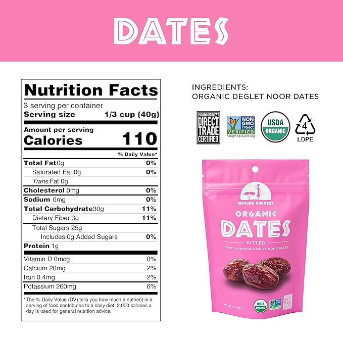 Mavuno Harvest Pitted Dates Dried Fruit Snacks | Organic Dried Dates | Healthy Snacks for Kids and Adults| Deglet Noor Dates | No Sugar Added, Vegan, Non GMO | Resealable 4 Ounce Bags, Pack of 6