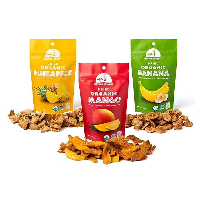 Mavuno Harvest Organic Dried Fruit Variety Pack | Dried Mango, Pineapple, and Banana | Healthy, Vegan, No Sugar Added, Non GMO Snacks for Kids & Adults | 2 Ounce, Pack of 6