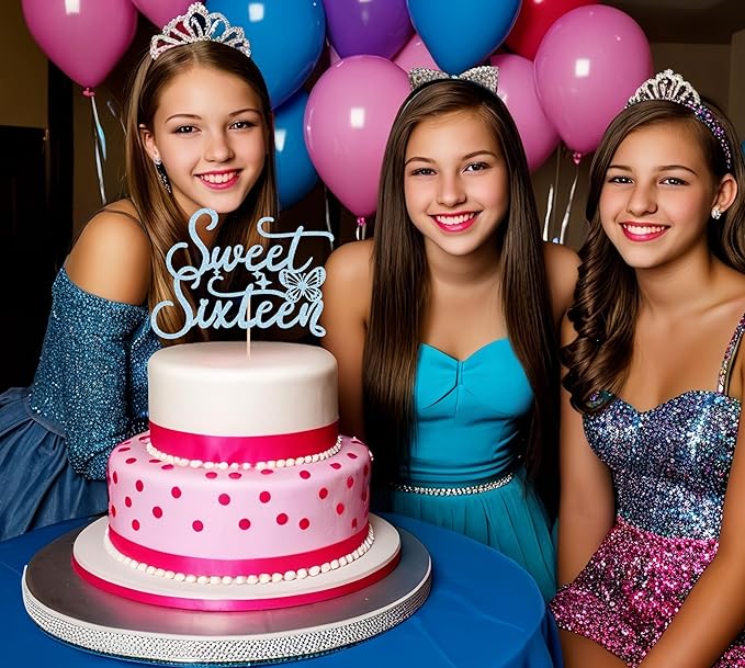 Sweet Sixteen Cake Topper - Blue Glitter Butterfly Theme Sweet 16 Birthday Cake Decorating Supplies for Girls, Sweet 16 Cake Topper for Happy 16th Birthday Anniversary Party Supplies Photo Booth Props