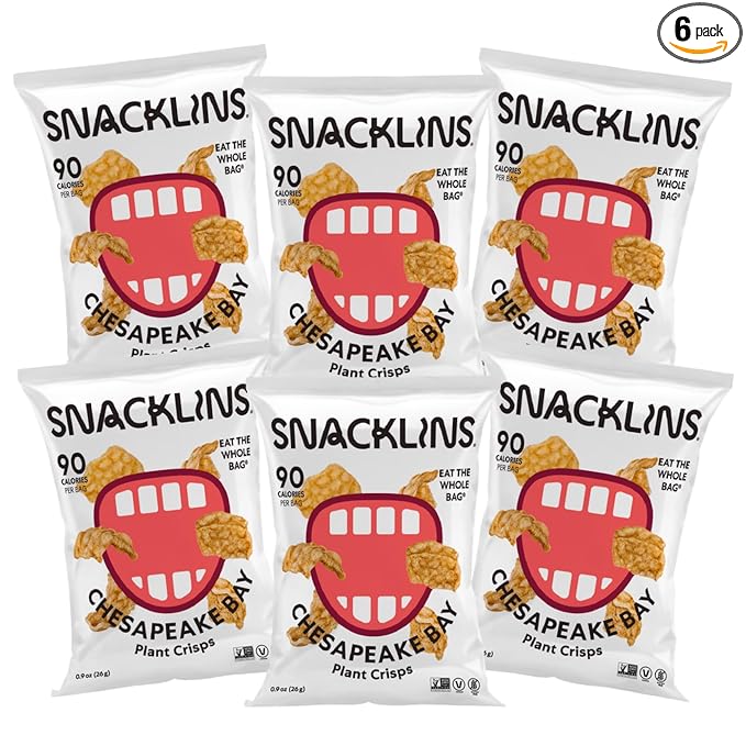 SNACKLINS Plant Based Crisps CHESAPEAKE BAY - Gluten Free, Grain Free, 100% Kosher, Vegan Healthy Snacks, Crunchy Puffed Snack, Only 90 Calories Per Bag - .9oz Bag (Case of 6)