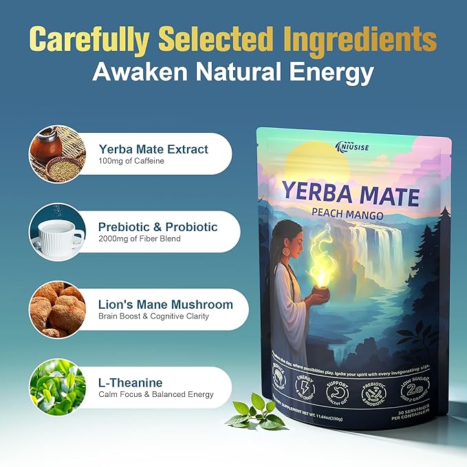 Yerba Mate Instant Tea Powder, Super Yerba MateTea for Natural Energy & Gut Health, Reduce Brain Fog, Low Sugar Yerba Mate Tea with Prebiotics and Probiotics, Peach Mango 30 Servings