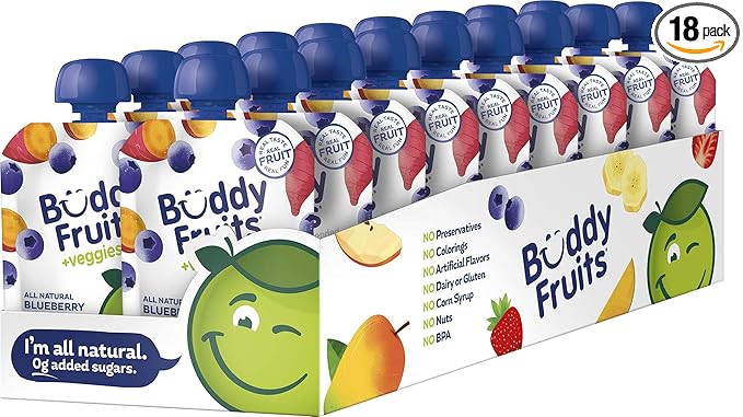 Buddy Fruits & Veggies Snacks To Go Blueberry Sweet Potato Unsweetened Applesauce 3.2oz (18pk) Gluten-Nut-Dairy-Preservative-BPA Free, Non GMO, Kosher