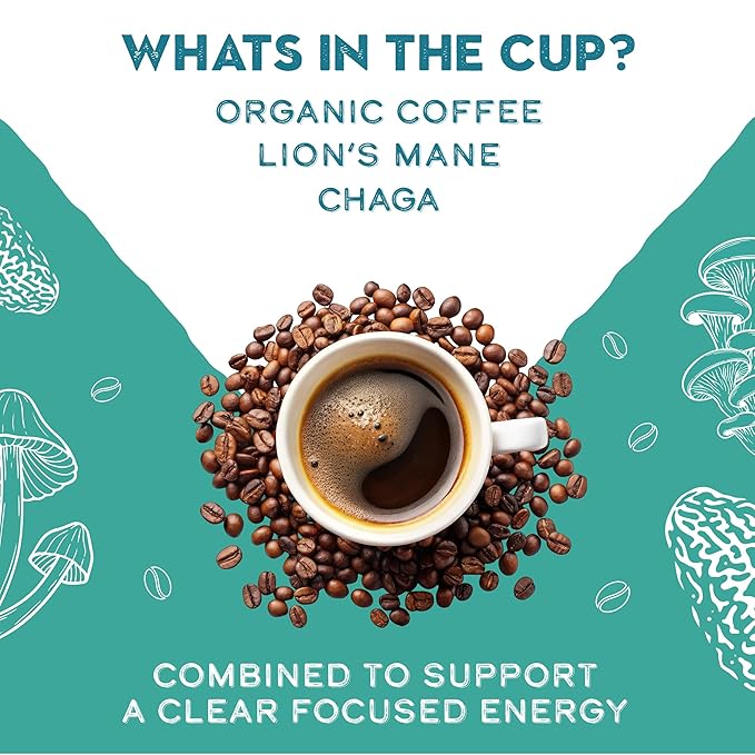Organic Lion's Mane & Chaga Mushroom Coffee Ground Dark Roast, Full Fruiting Bodies, For Enhanced Brain Function, Immune Support, Wellbeing Grade 1 Single Origin, 12oz - Ground
