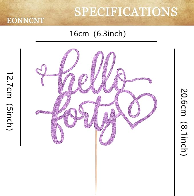 Hello Forty Cake Topper - Light Purple Glitter 40th Birthday Cake Decorating Supplies for Women, Hello 40 Cake Decor for 40th Birthday/Anniversary Party Photo Booth Props