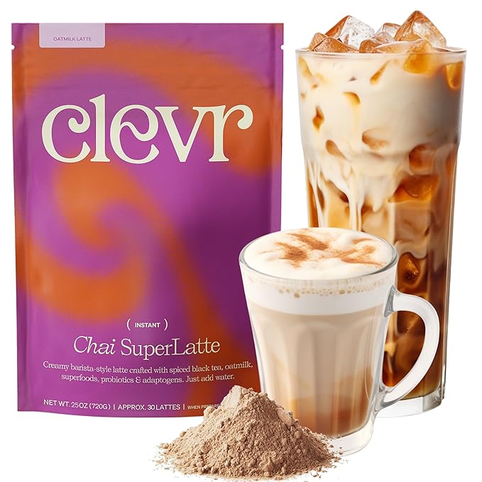 Clevr Blends Chai Tea Latte, Instant Superfood Powder Blend with Oat Milk, Lions Mane, Reishi Mushroom, Black Tea, Organic Spices, Coconut Cream, Ashwagandha, Oprah???Favorite Things 2022, (30 Lattes)