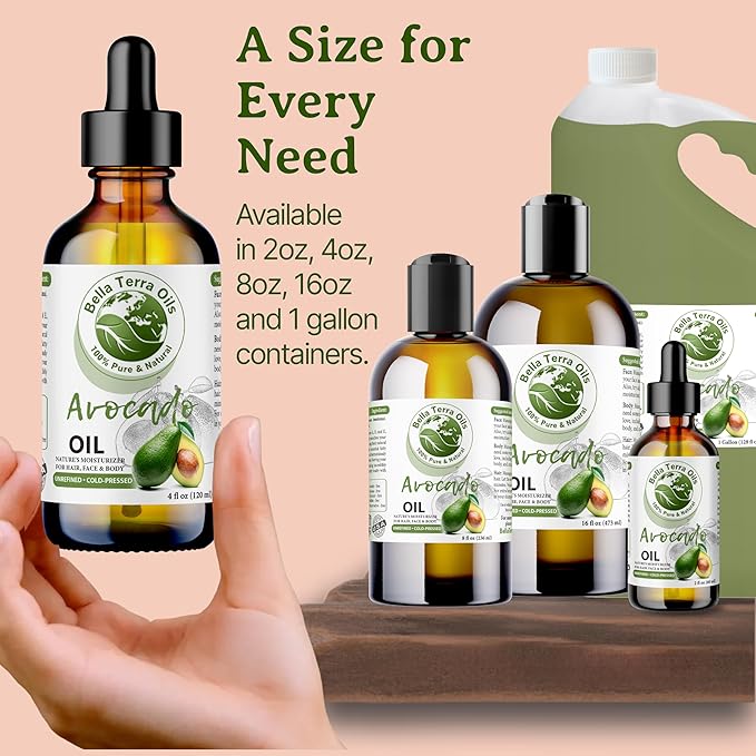 Bella Terra Oils - Avocado Oil 4oz - Pure Essence of Cold-Pressed Avocado, Boosted with Vitamin A, Impeccable for Mixing and Blending