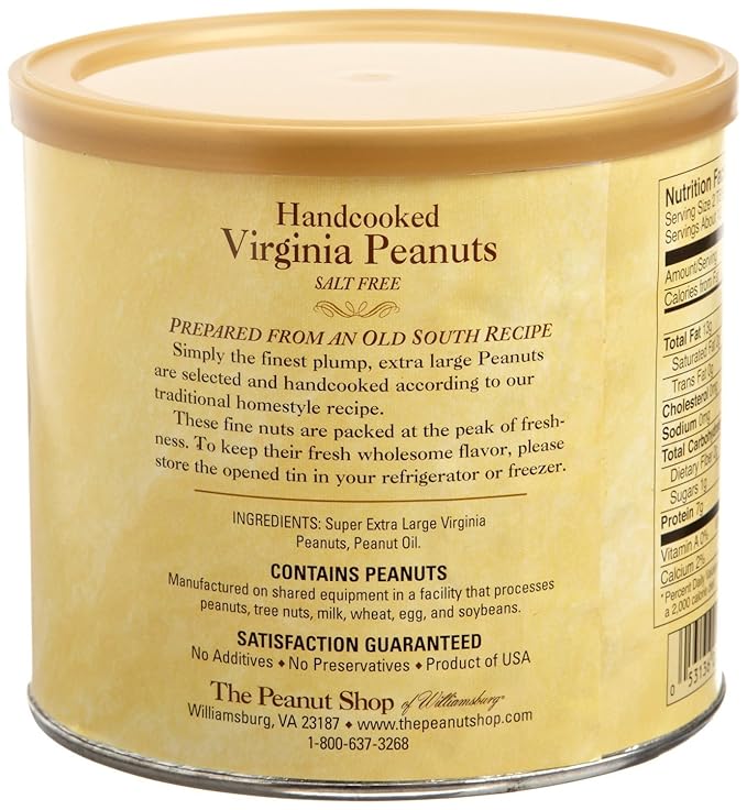 The Peanut Shop of Williamsburg Unsalted Williamsburg Virginia Peanuts, Non-Gmo Handcooked Salt Free - 10.5 Oz Tin